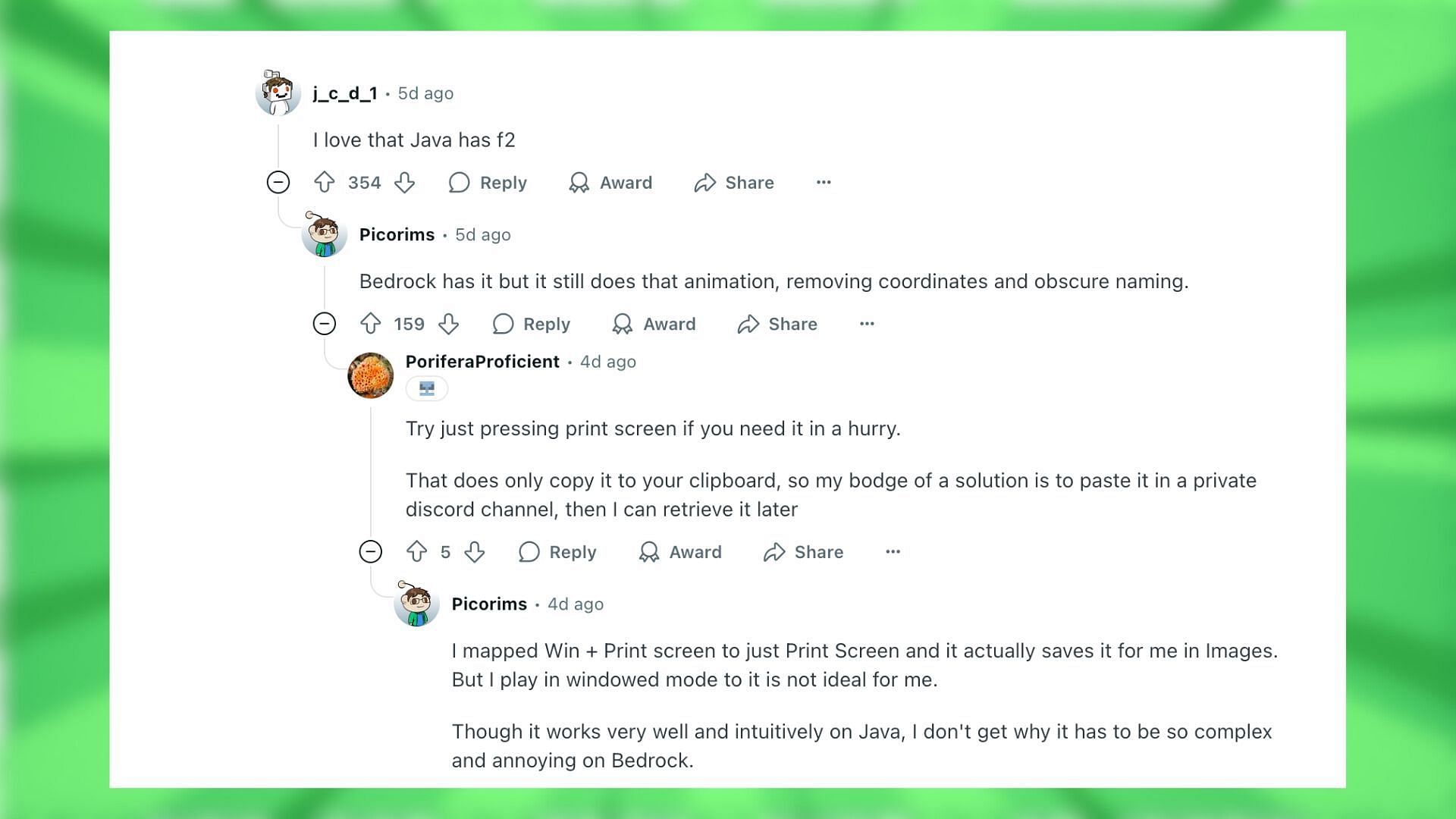 Redditors discuss the screenshot issue in Minecraft Bedrock Edition (Image via Reddit)